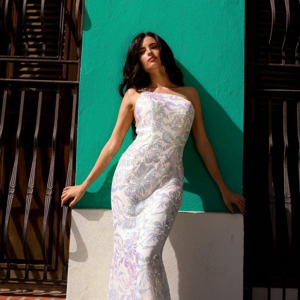 NEW LONG MERMAID SLEEVELESS DRESS WITH ONE SHOULDER NECKLINE & SEQUINS NX R1308